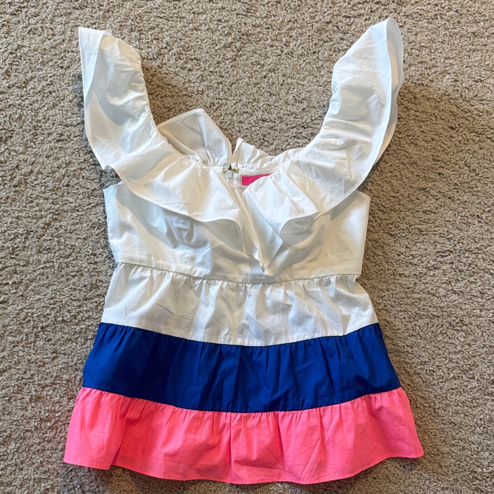 Lilly Pulitzer White, Blue, and Pink Ruffled Blouse